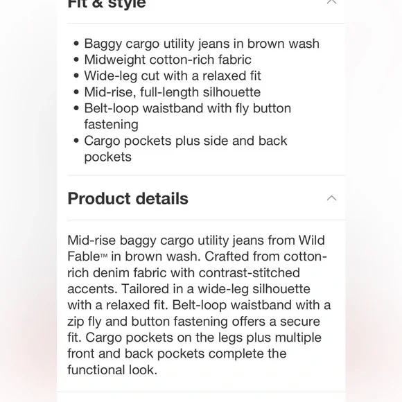 Women's Mid-Rise Cargo Baggy Wide Leg
Utility Jeans - Wild Fable Brown Wash - Picture 4 of 5